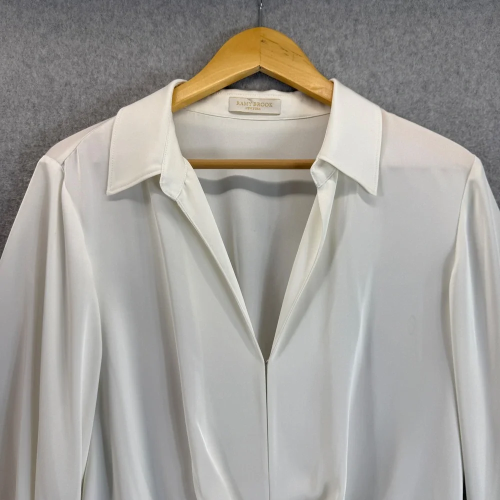 Ramy Brook Penny Bell Sleeve Mini Dress White Tie Front LS Collar Womens Size L?